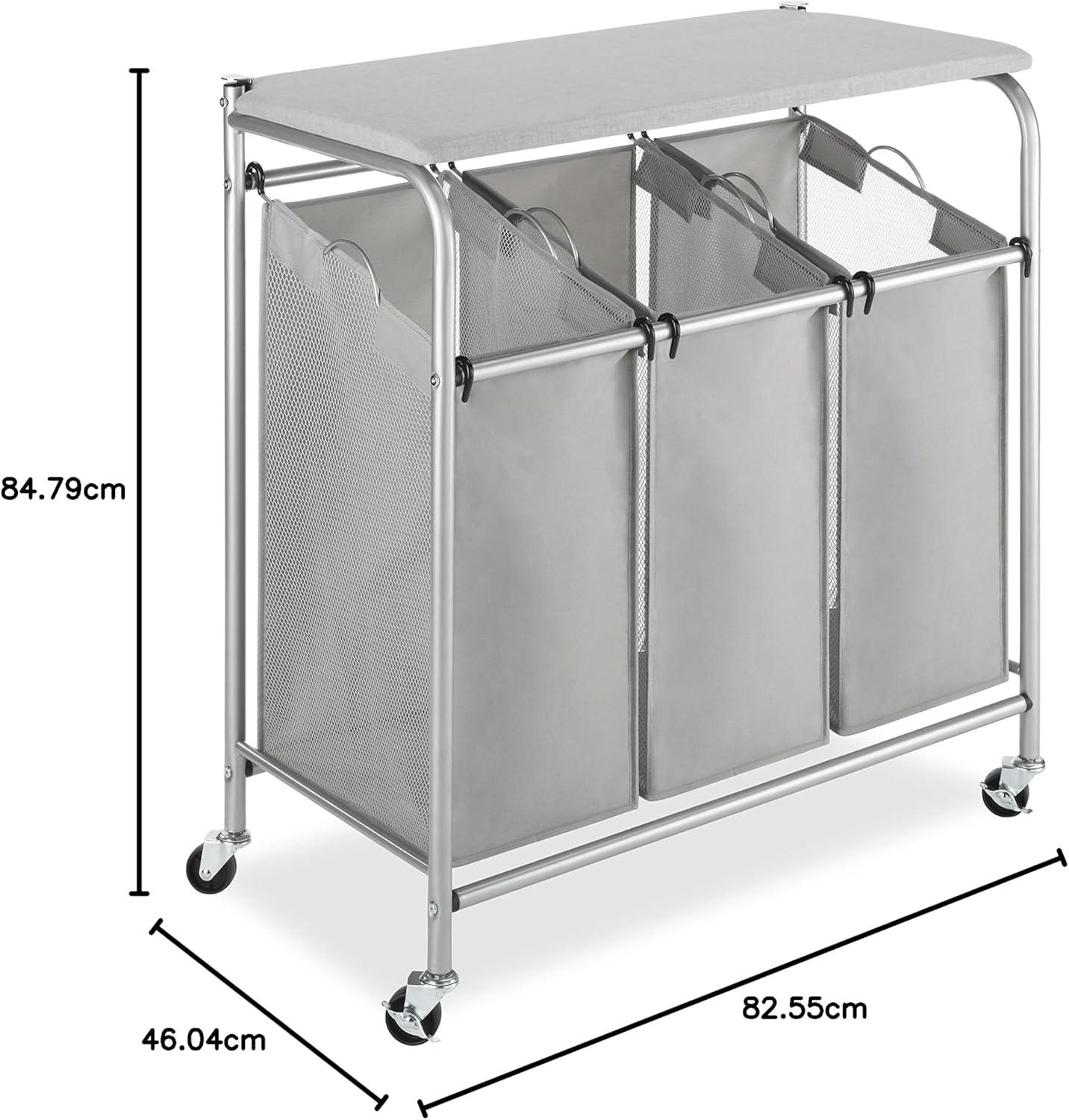 imageWhitmor 3 Section Rolling Laundry Sorter with Folding Station Ironing Board Chrome Gray3 Section lroning BoardGrey