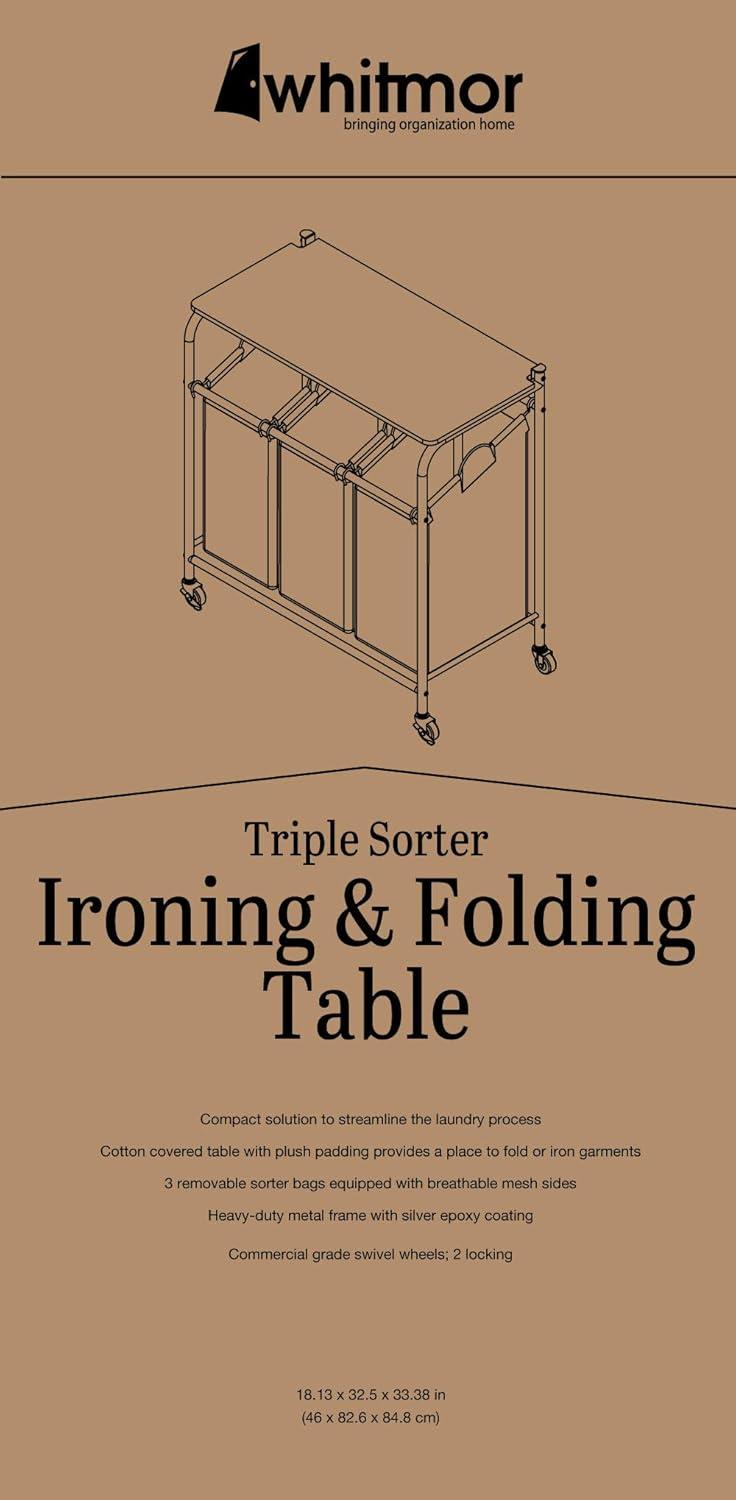 imageWhitmor 3 Section Rolling Laundry Sorter with Folding Station Ironing Board Chrome Gray3 Section lroning BoardGrey