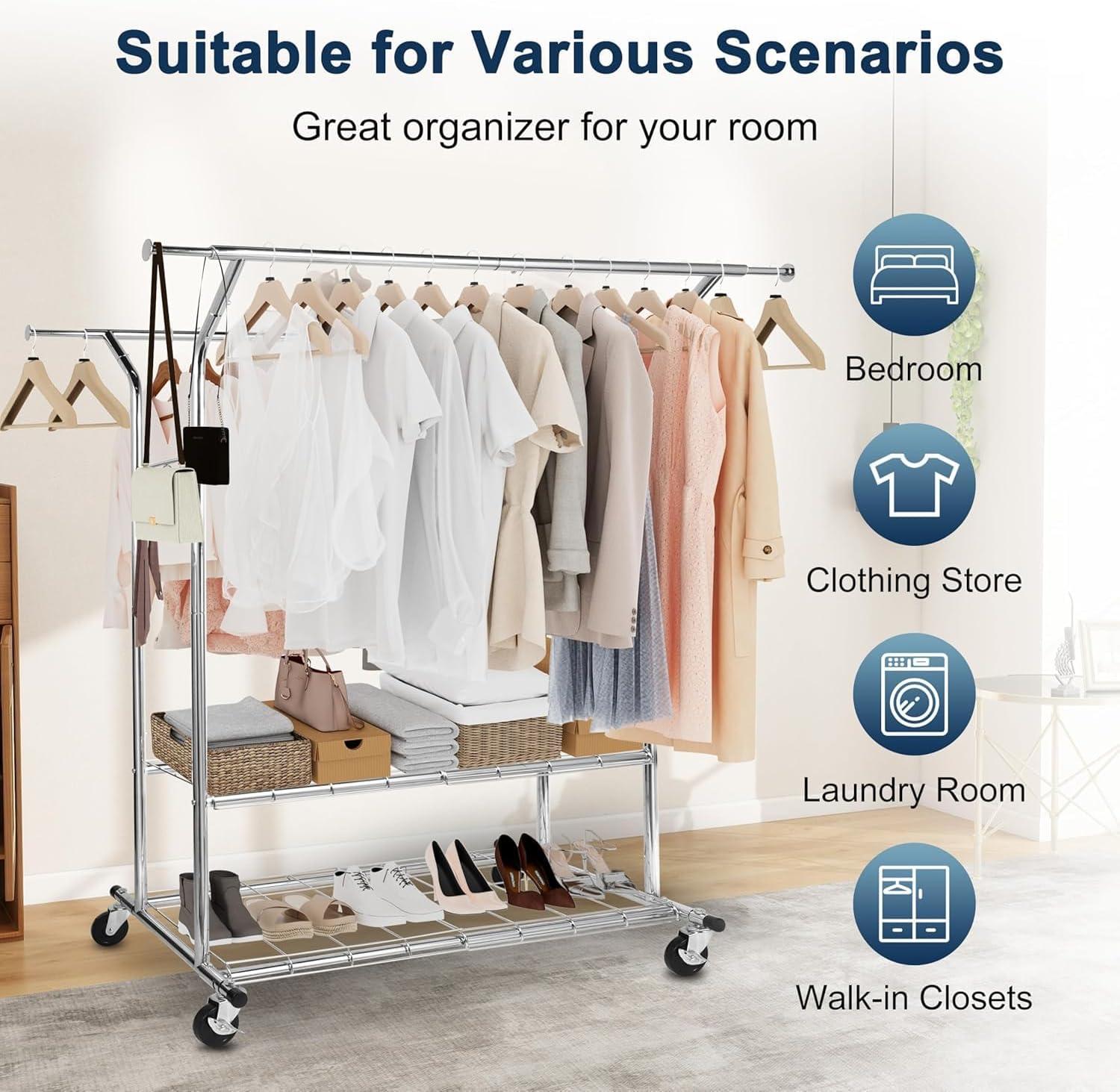 imageWhitmor Foldable Garment Rack Rolling Clothes Rack Adjustable Height Silver44 x 20 x 71 inch Double Rod