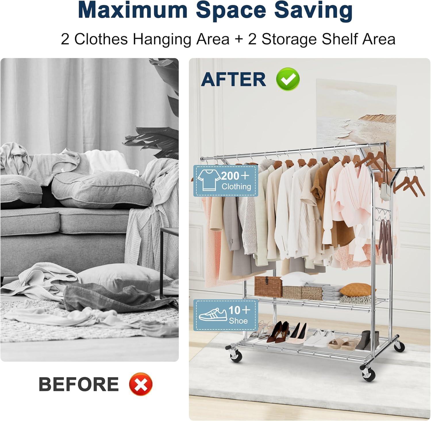 imageWhitmor Foldable Garment Rack Rolling Clothes Rack Adjustable Height Silver44 x 20 x 71 inch Double Rod