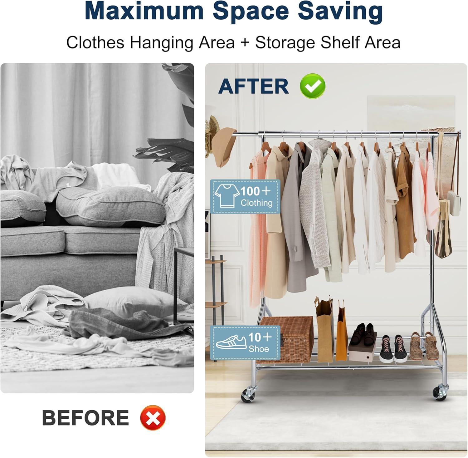 imageWhitmor Foldable Garment Rack Rolling Clothes Rack Adjustable Height Silver44 x 20 x 71 inch Single Rod