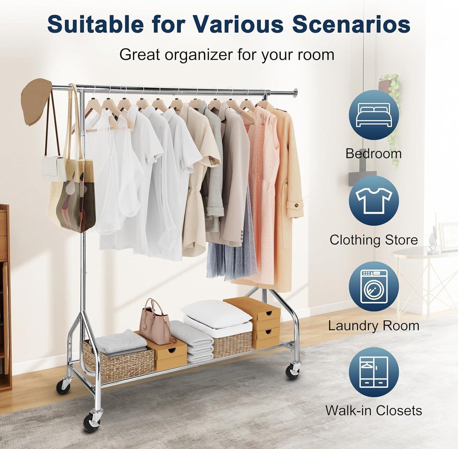 imageWhitmor Foldable Garment Rack Rolling Clothes Rack Adjustable Height Silver44 x 20 x 71 inch Single Rod