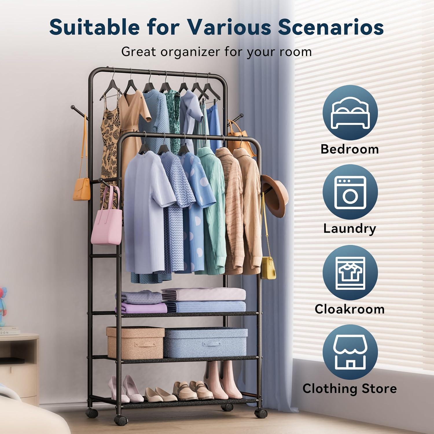 imageWhitmor Foldable Garment Rack Rolling Clothes Rack Adjustable Height SilverBlack 30 x 16 x 69 inch