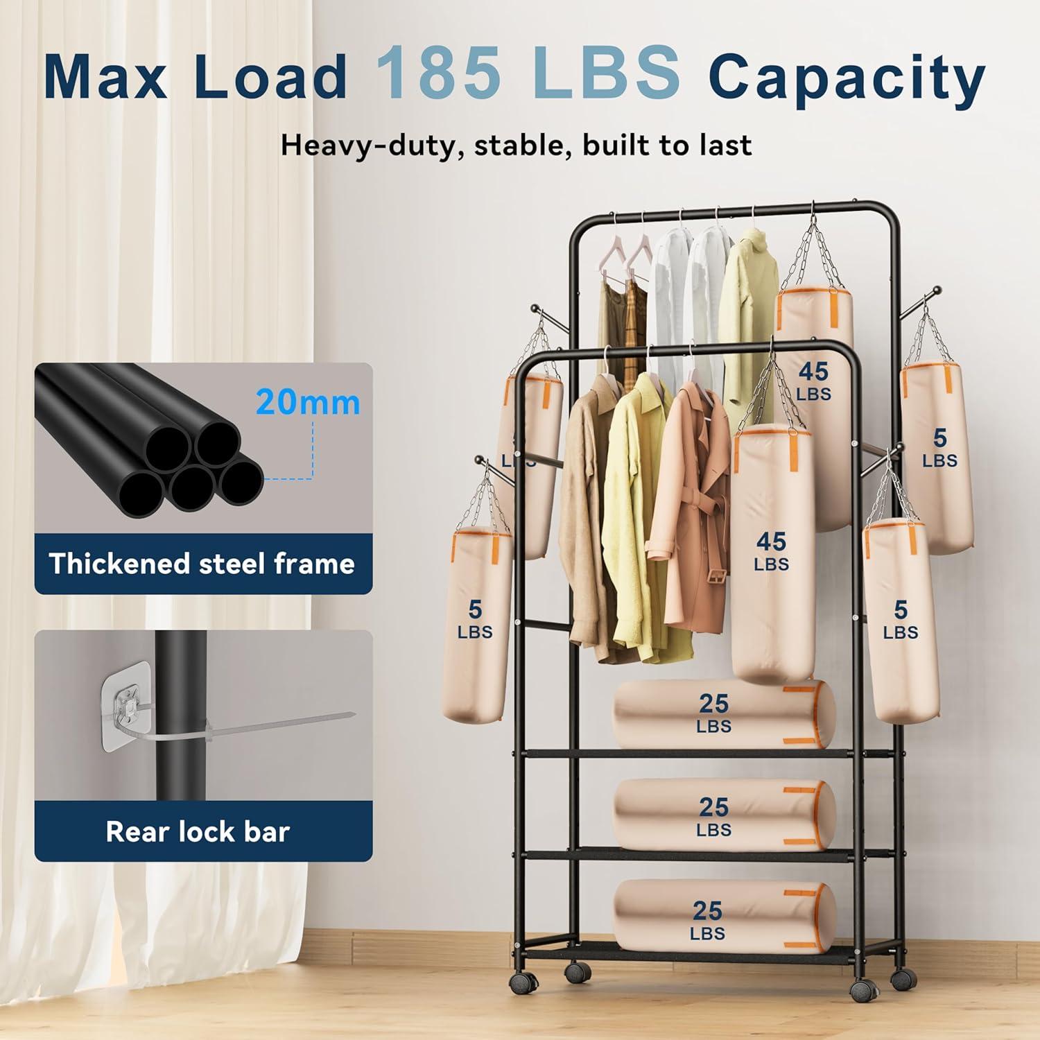 imageWhitmor Foldable Garment Rack Rolling Clothes Rack Adjustable Height SilverBlack 30 x 16 x 69 inch