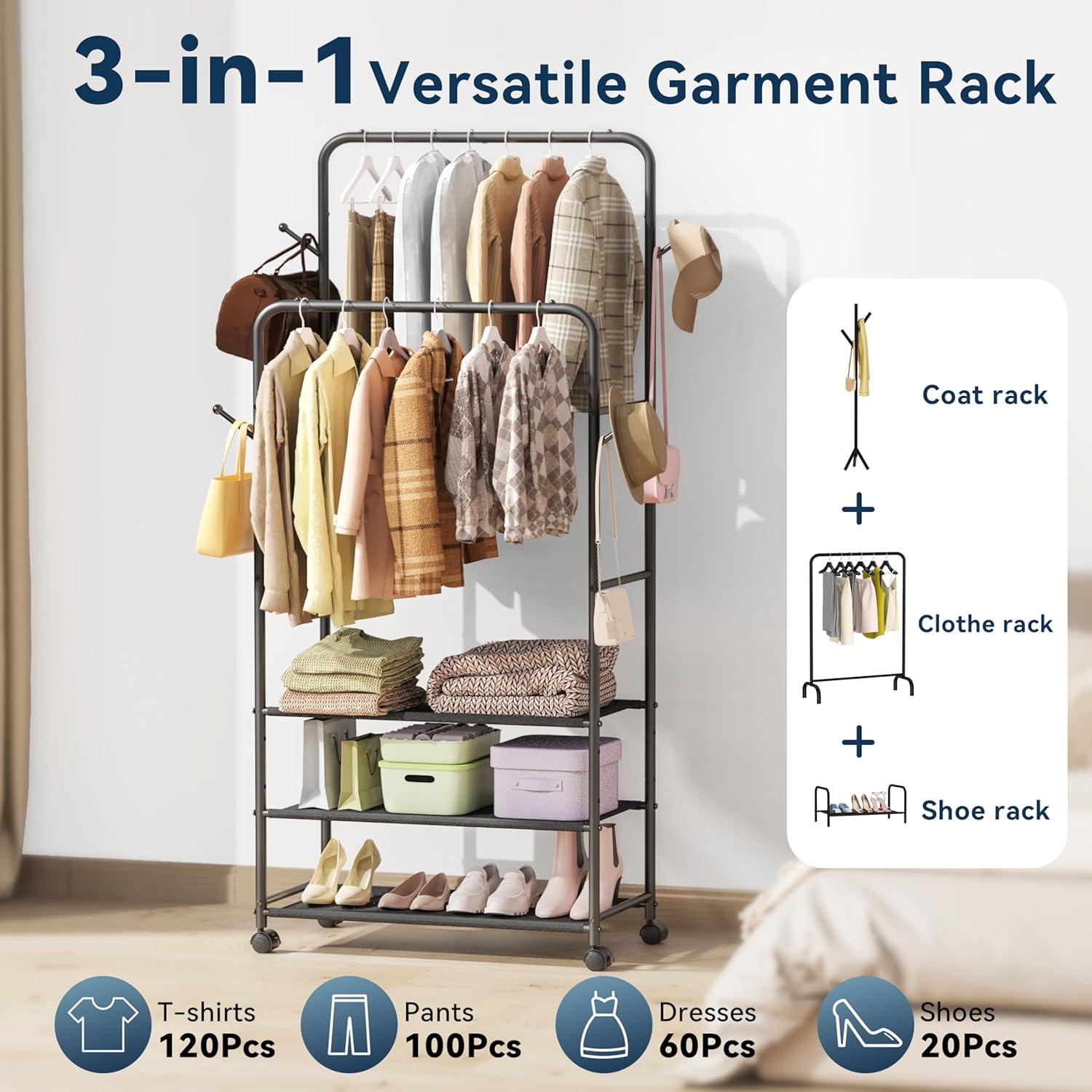 imageWhitmor Foldable Garment Rack Rolling Clothes Rack Adjustable Height SilverBlack 30 x 16 x 69 inch