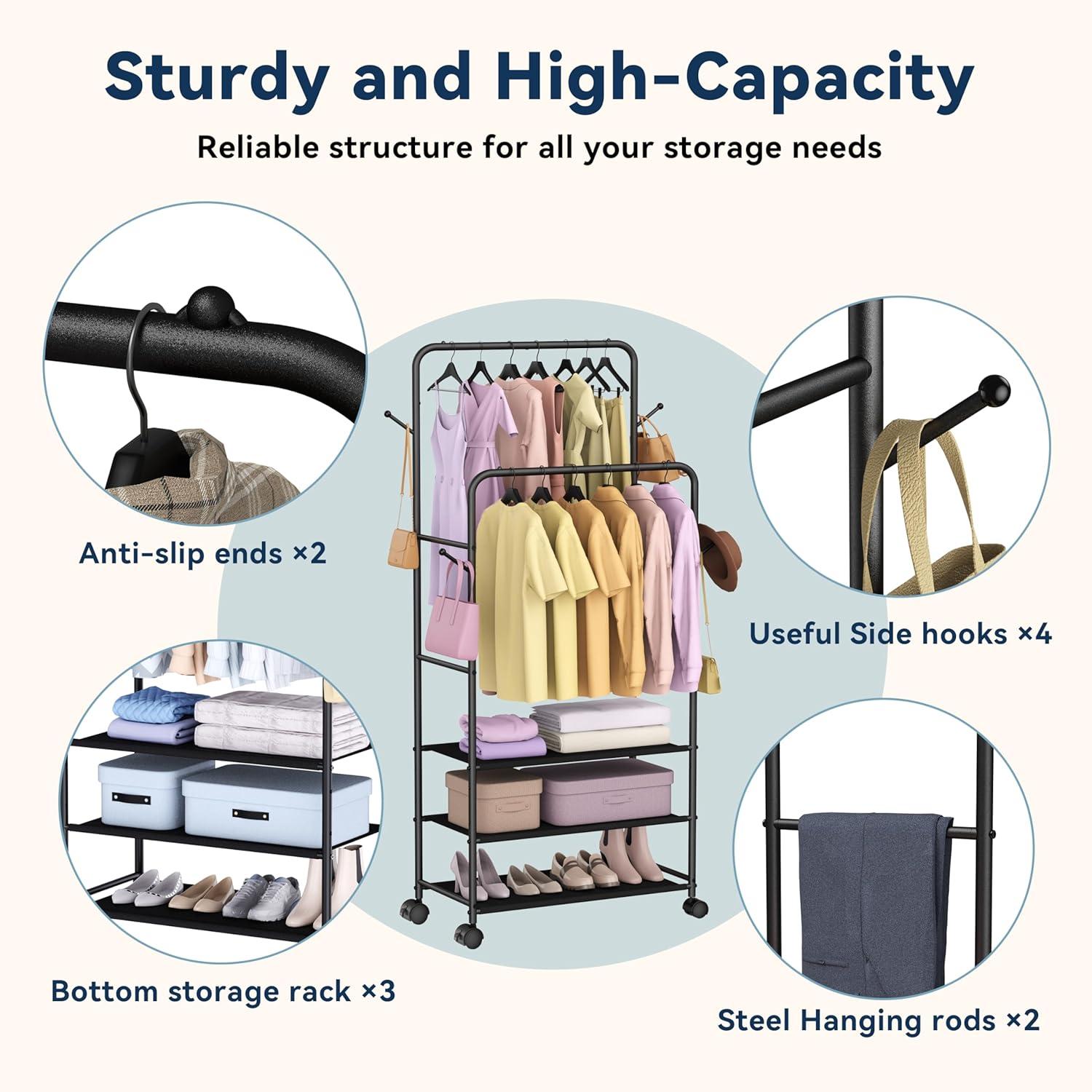 imageWhitmor Foldable Garment Rack Rolling Clothes Rack Adjustable Height SilverBlack 30 x 16 x 69 inch