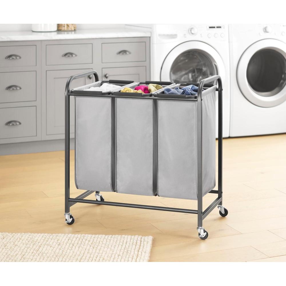 imageWhitmor 3 Section Rolling Laundry Sorter with Folding Station Ironing Board Chrome Gray3 Section AGrey