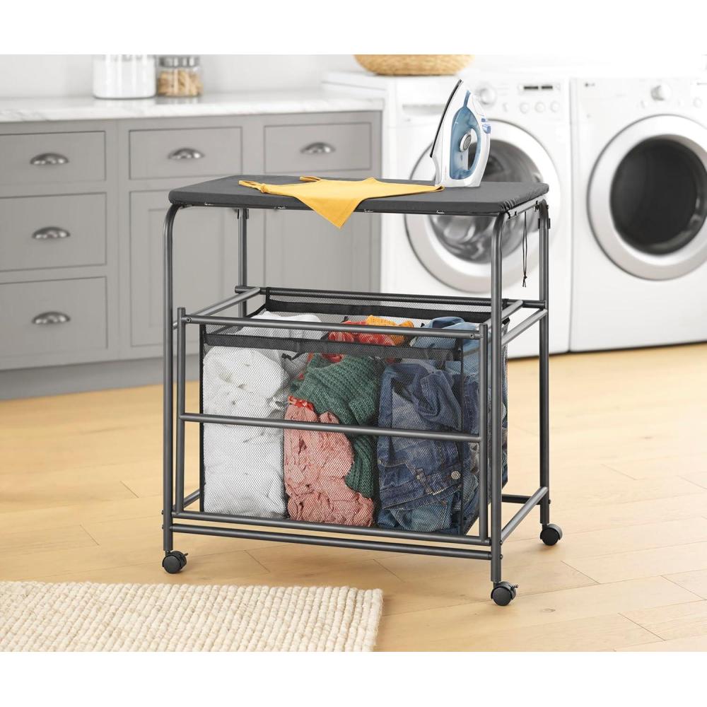imageWhitmor 3 Section Rolling Laundry Sorter with Folding Station Ironing Board Chrome Gray3 Section lroning BoardBlack