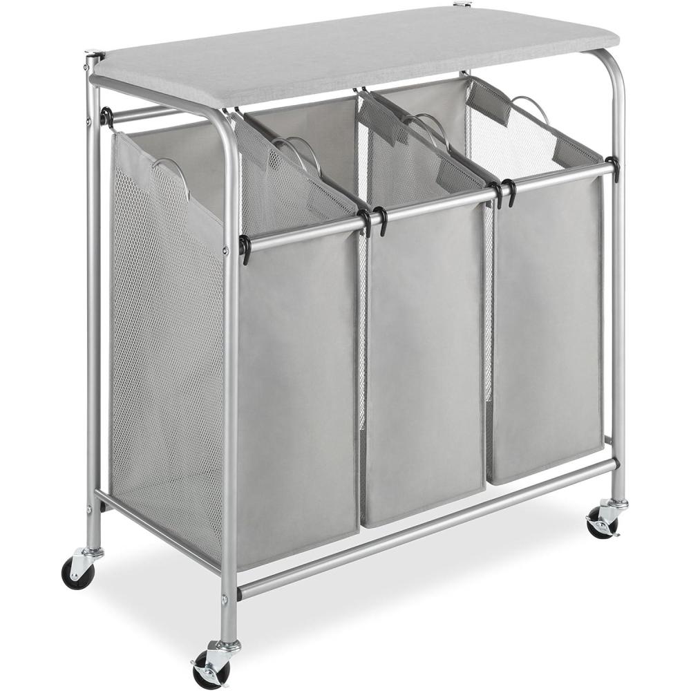 imageWhitmor 3 Section Rolling Laundry Sorter with Folding Station Ironing Board Chrome Gray3 Section lroning BoardGrey