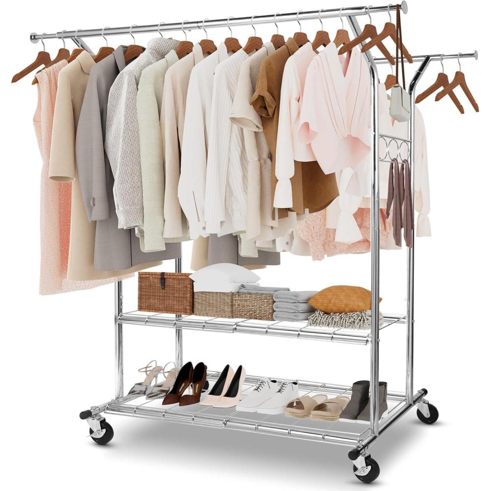 imageWhitmor Foldable Garment Rack Rolling Clothes Rack Adjustable Height Silver44 x 20 x 71 inch Double Rod