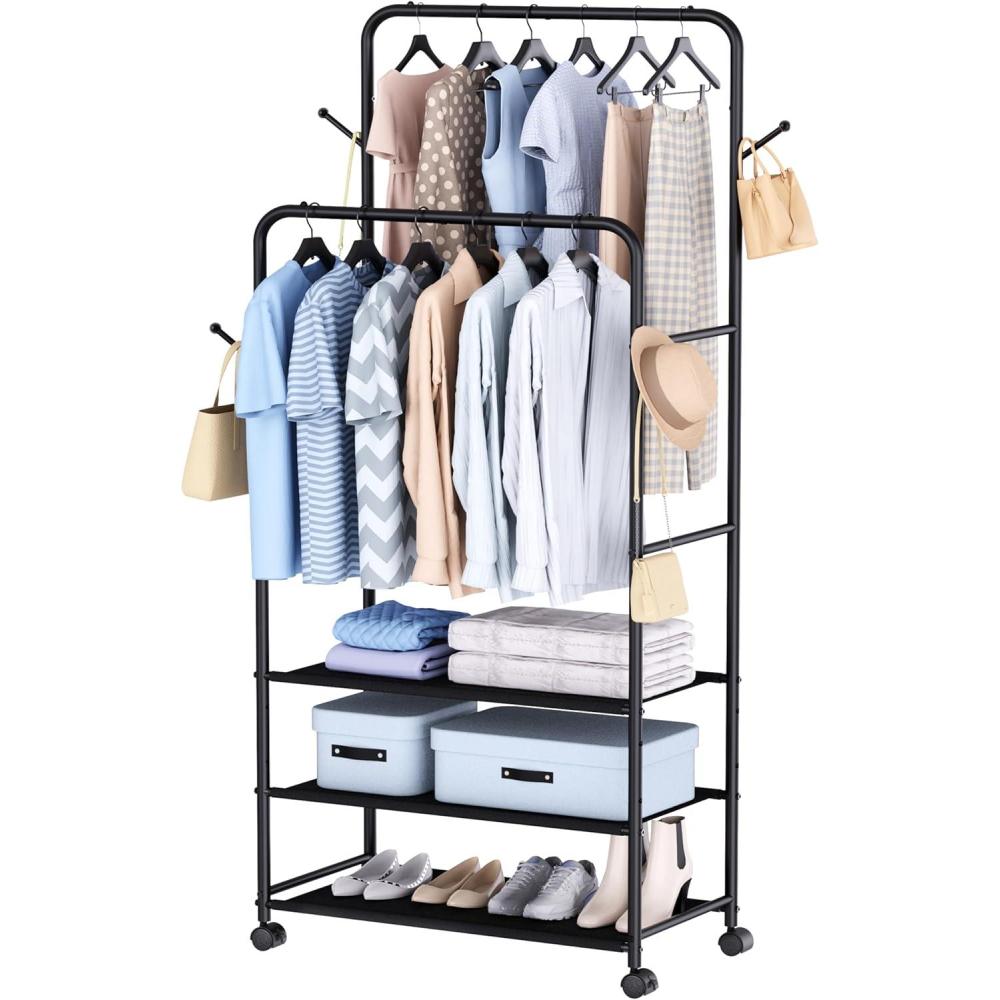 imageWhitmor Foldable Garment Rack Rolling Clothes Rack Adjustable Height SilverBlack 30 x 16 x 69 inch
