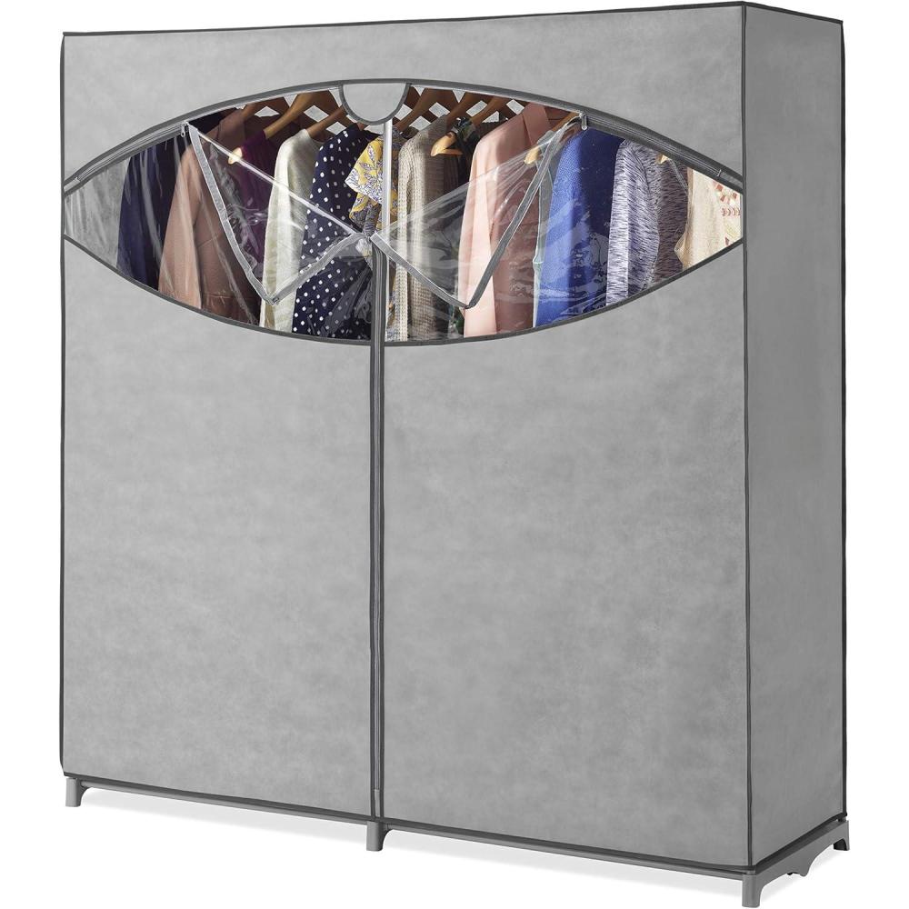 imageWardrobe Clothes Storage Organizer Closet with Hanging Rack Extra Wide Grey Color NoTool Assembly Extra Strong and Durable 60 L x 195 W x 64Grey